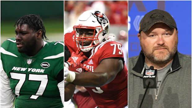 Jets LT Mekhi Becton with NC State LT Ikem Ekwonu and Jets GM Joe Douglas